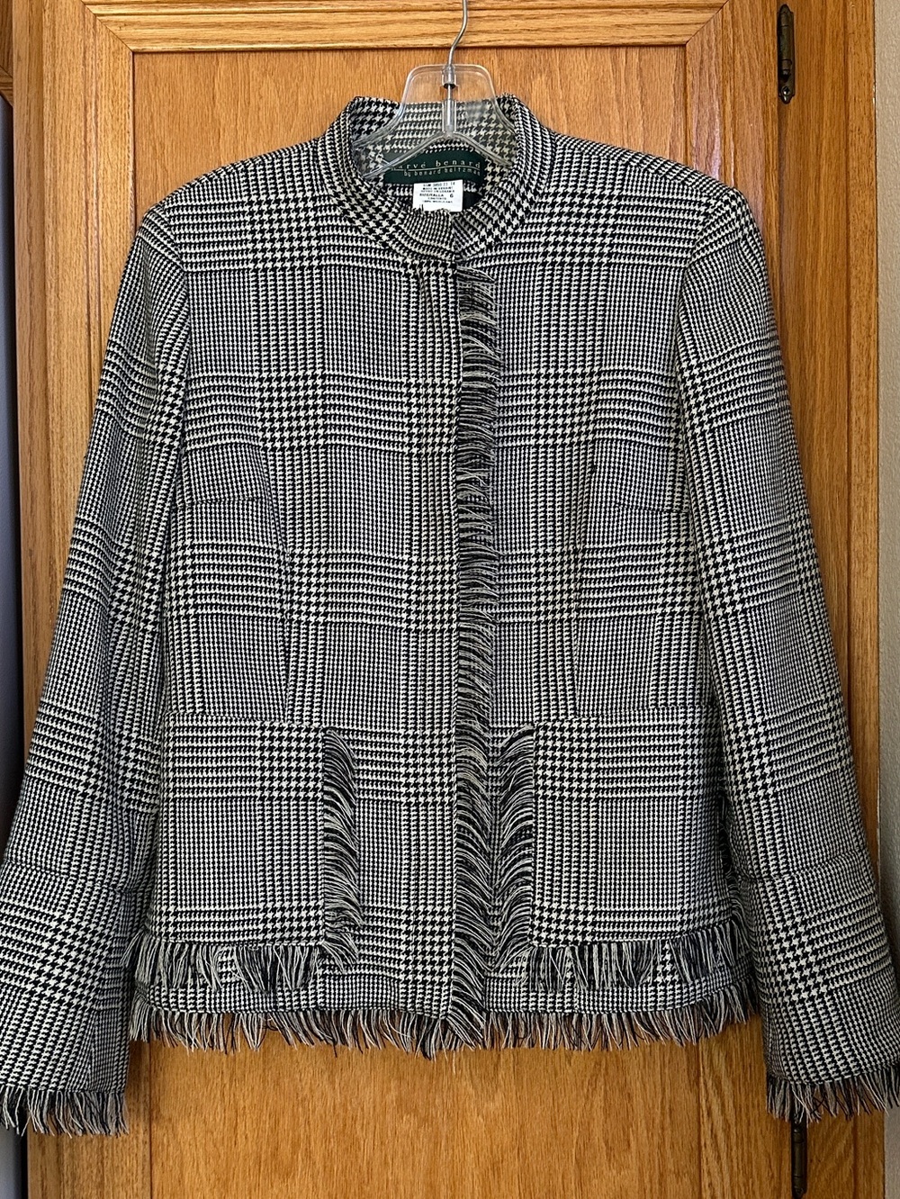 Harve Benard Wool Houndstooth Plaid Tweed Fully Lined Zip Jacket w/Fringe Size 6